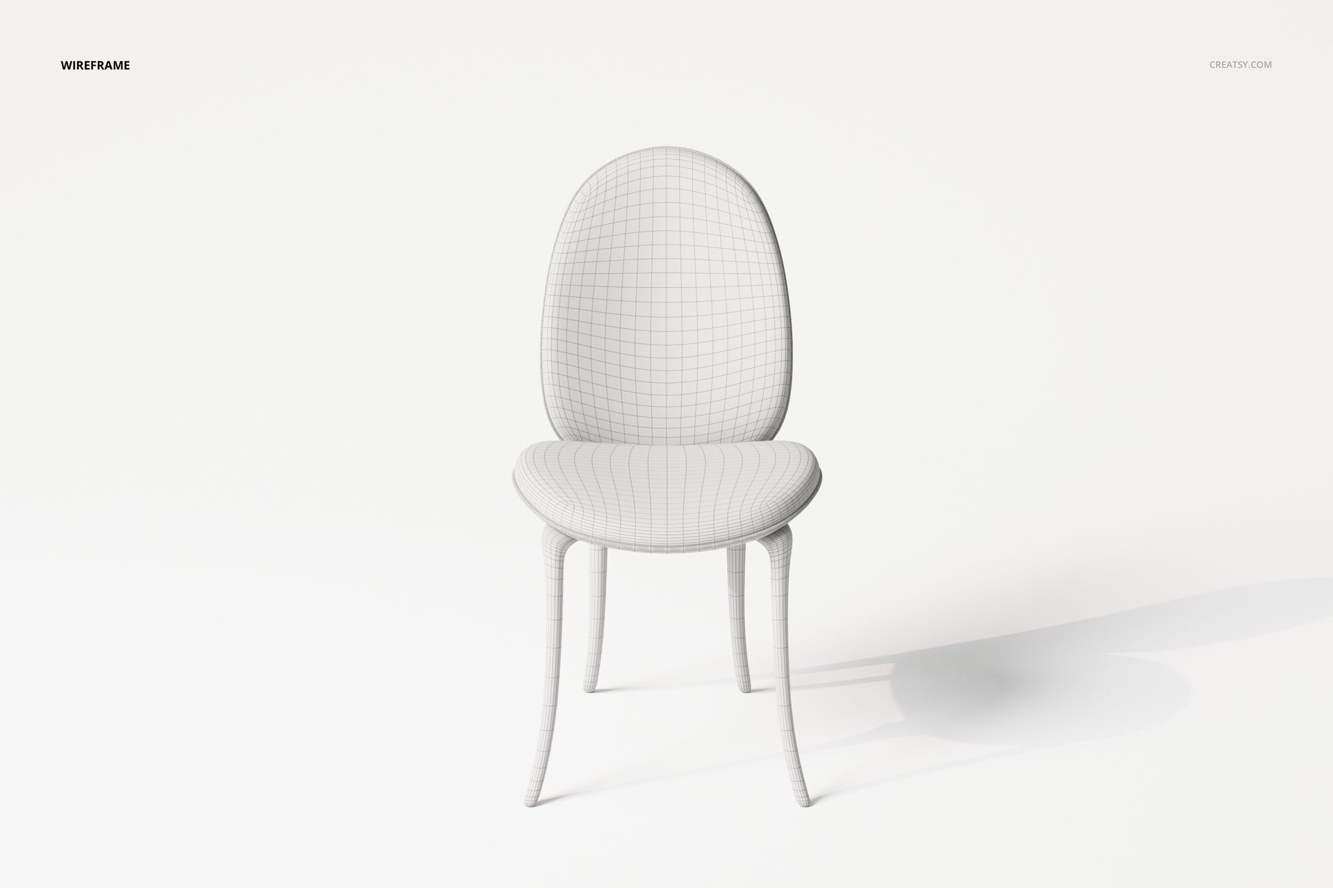 Front view of a 3D model chair with rounded backrest and seat, shown in a white wireframe style on a plain background.