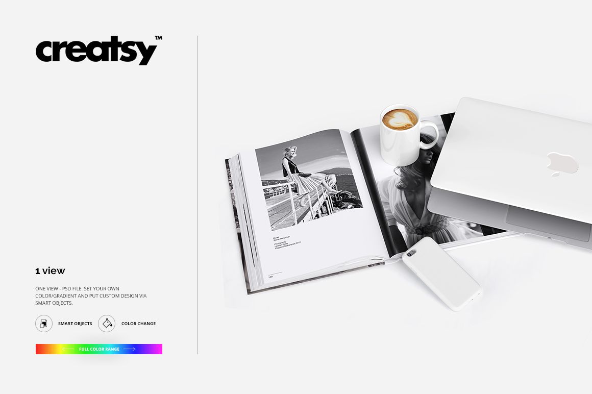 PSD mockup scene featuring a white mug, phone case, and laptop arranged beside an open book on a clean white background.