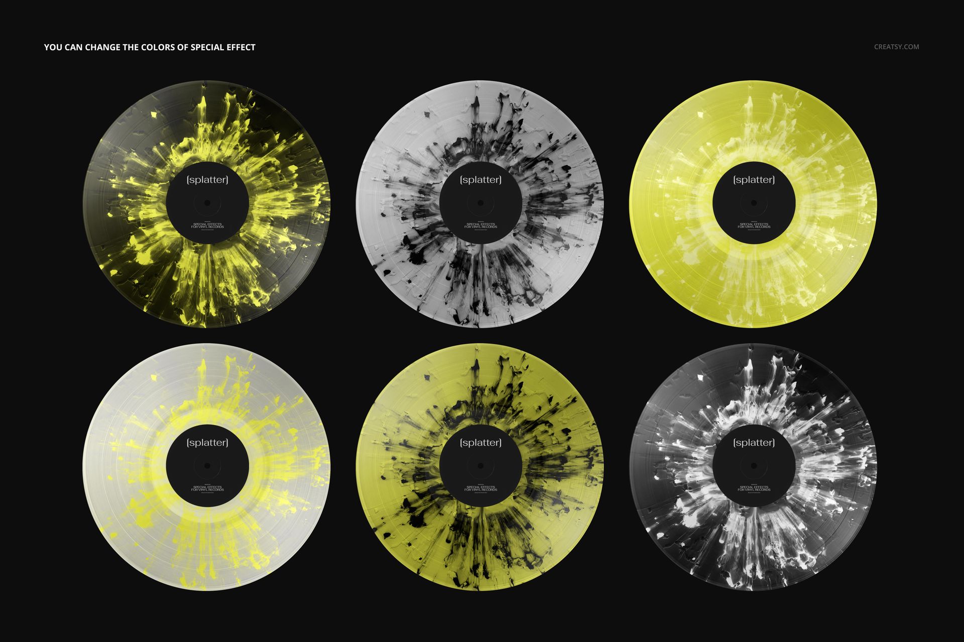 PSD mockup showing six vinyl records arranged in two rows, each with distinct splatter color effects.
