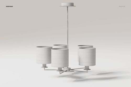 Wireframe rendering of a five light chandelier 3D model with cylindrical lampshades, viewed from the front angle.