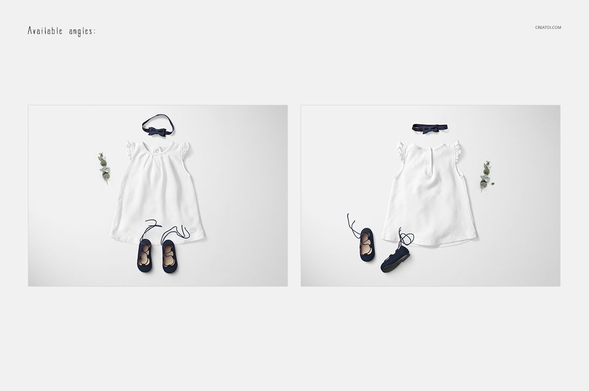 White baby dress mockup displayed from two angles, accompanied by black shoes and a headband on a light background.
