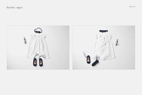 White baby dress mockup displayed from two angles, accompanied by black shoes and a headband on a light background.