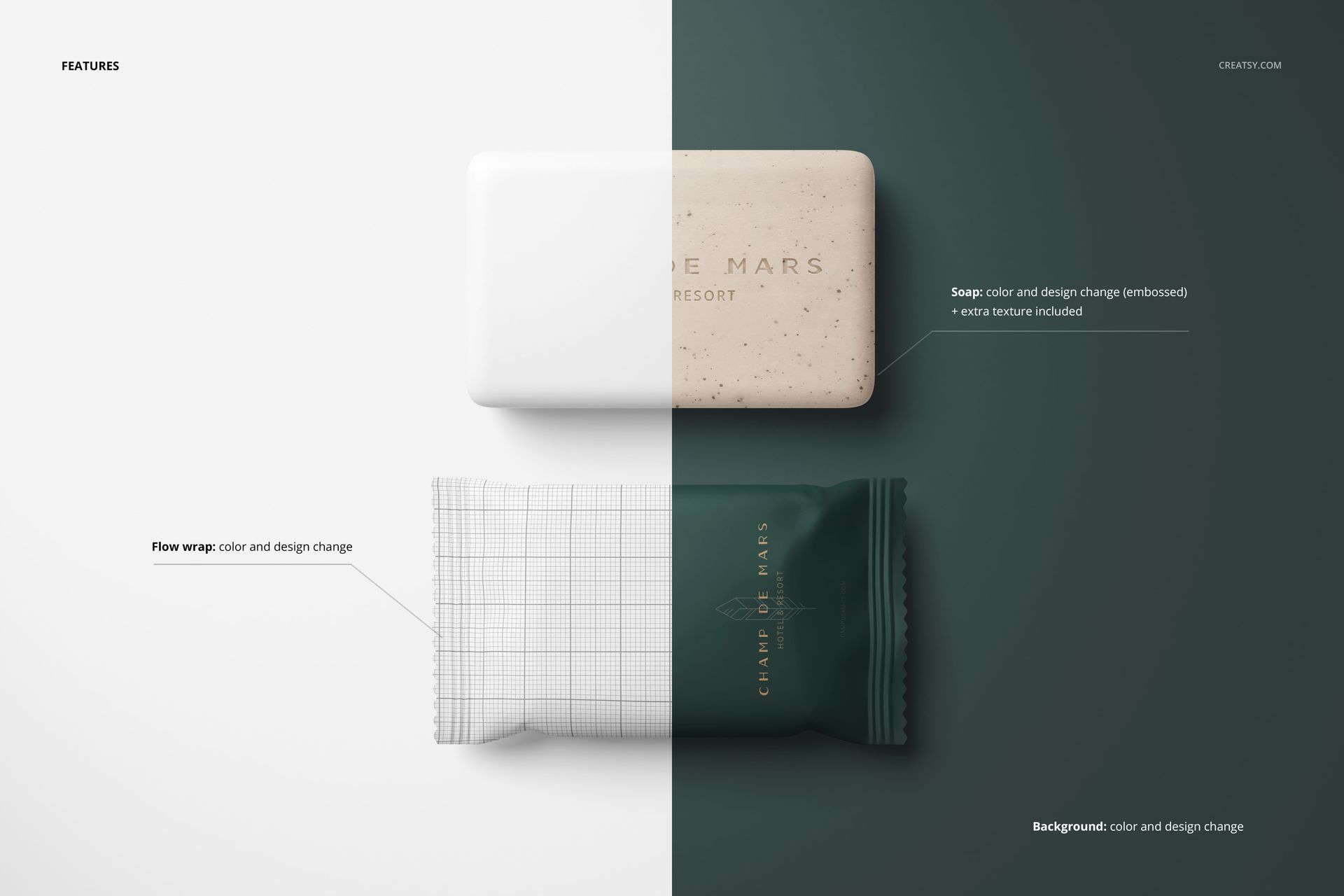 Hotel hand soap mockup showing a rectangular bar and a wrapped soap, split between white and green backgrounds.