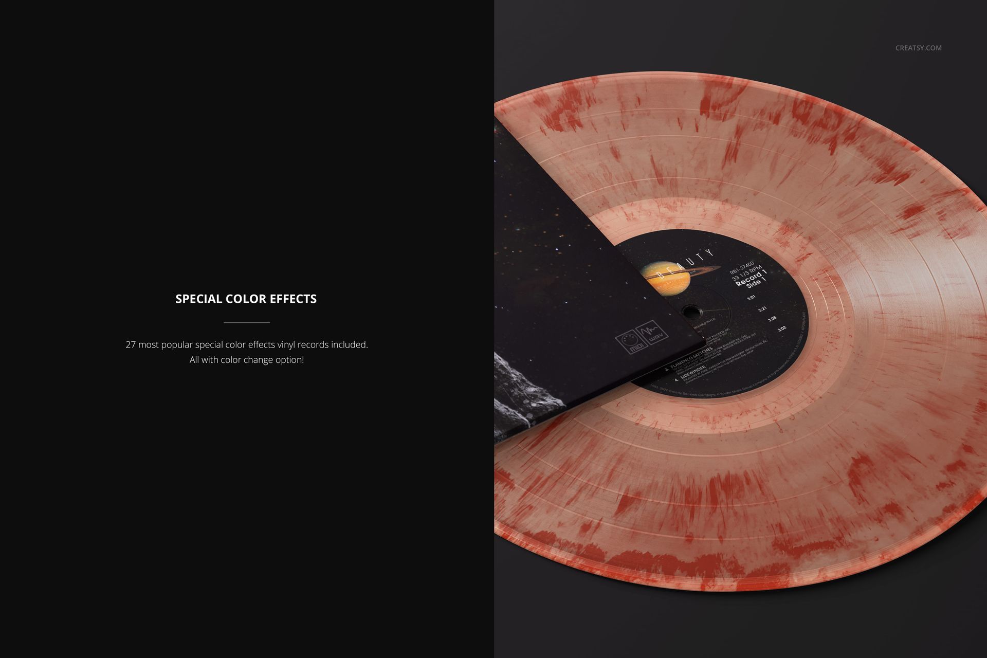 PSD mockup showing a marbled translucent vinyl record in red and beige tones, partially covered by a black album cover.