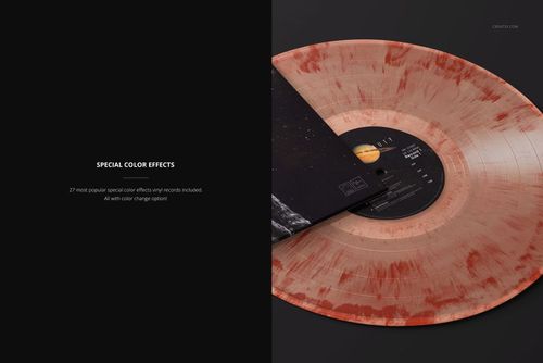 PSD mockup showing a marbled translucent vinyl record in red and beige tones, partially covered by a black album cover.