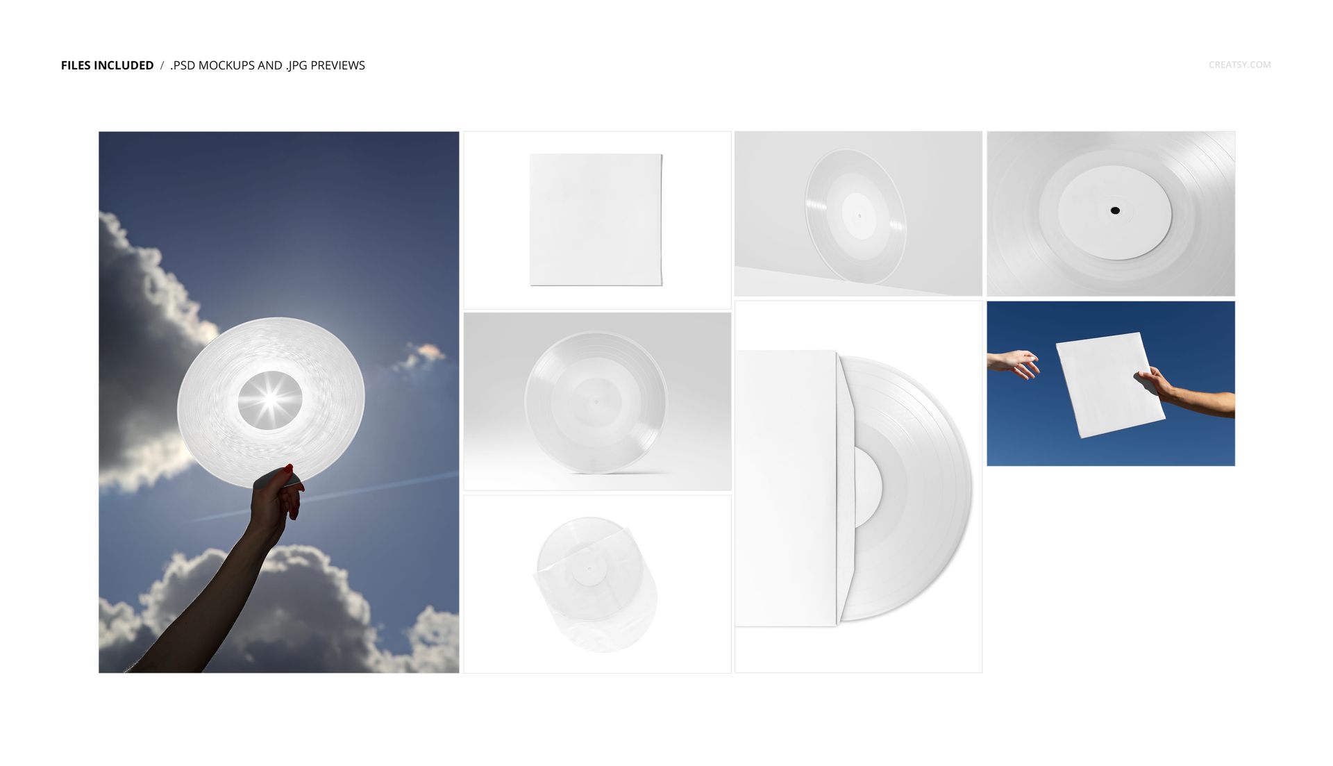 Colored vinyl record mockup set showing transparent records and sleeves from various angles, including outdoor and studio views.