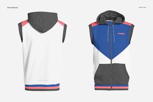 Sleeveless hoodie mockup featuring front and back views, with blue, white, gray, and pink color blocks.