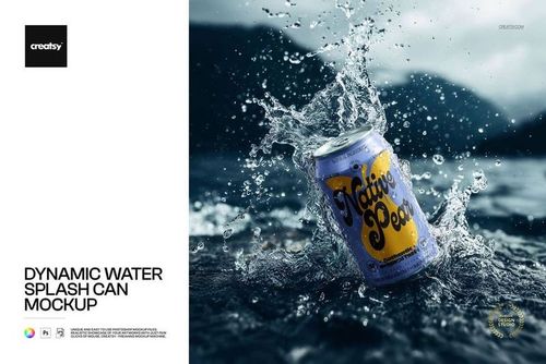 Close-up of a beverage can mockup with vivid water splash effects, set against a dark outdoor water background.
