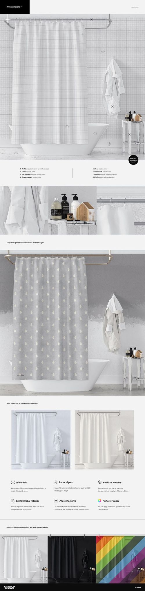 Bathroom mockup featuring a white shower curtain, bathtub, and shelves with toiletries, viewed from the front.