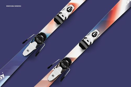 Ski mockup with removable bindings, highlighting sleek design and color transitions, arranged on a plain blue surface.