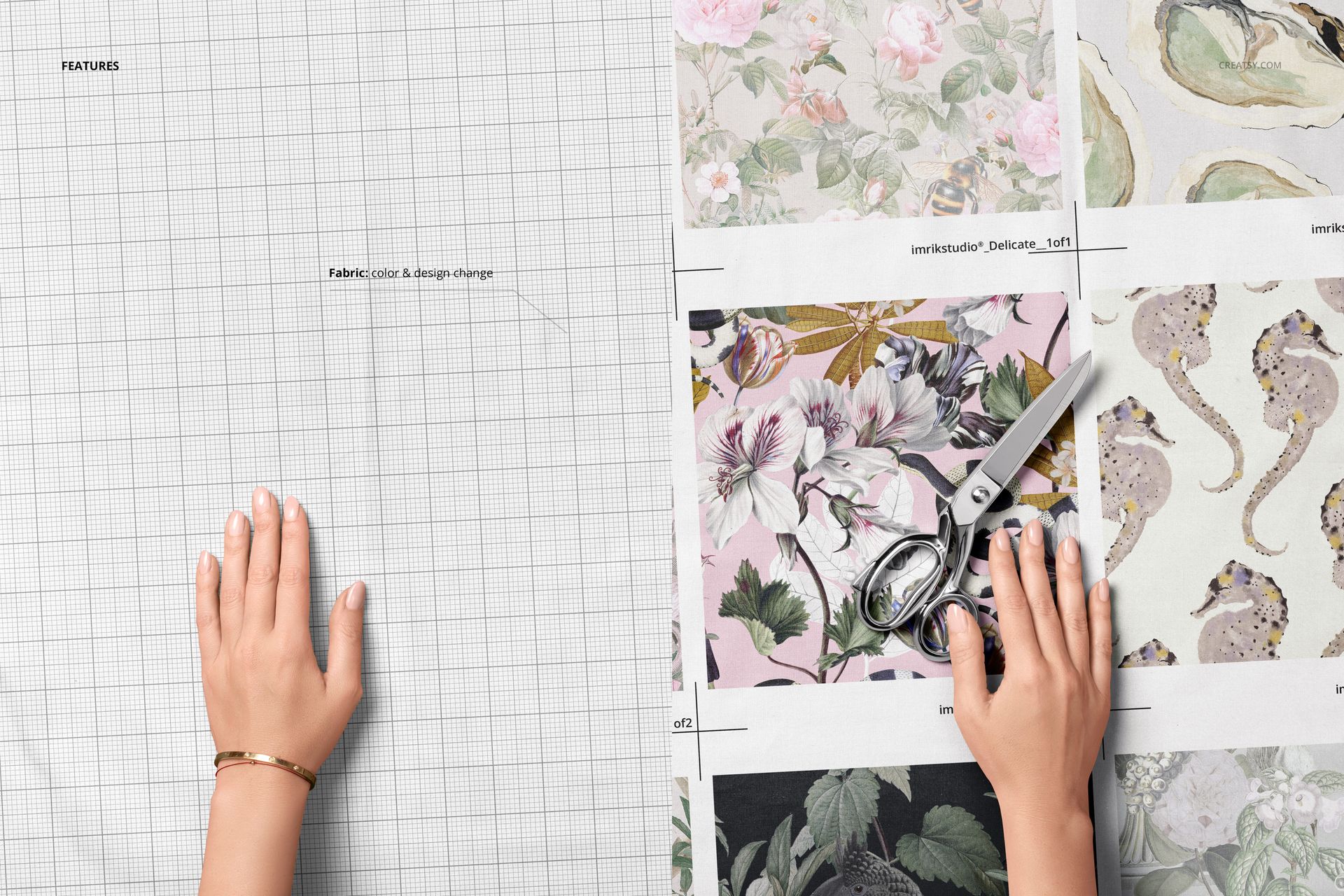 Uncut cotton fabric samples mockup showing a hand on grid fabric and another hand with scissors over patterned swatches.