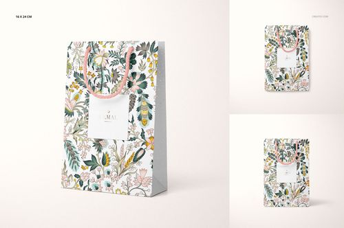 Front view of a paper bag mockup with floral patterns, featuring a white square label and pink handles on a light background.
