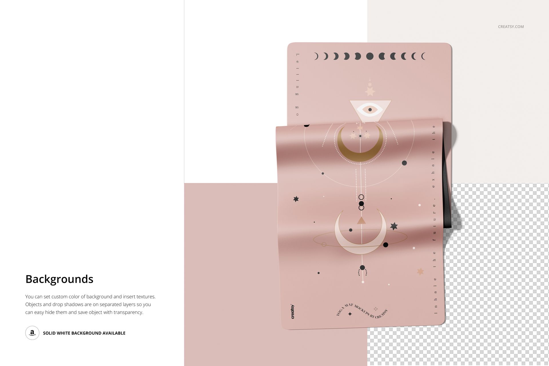 Top view of a pink PU leather yoga mat mockup featuring moon and star motifs, placed on a split background.