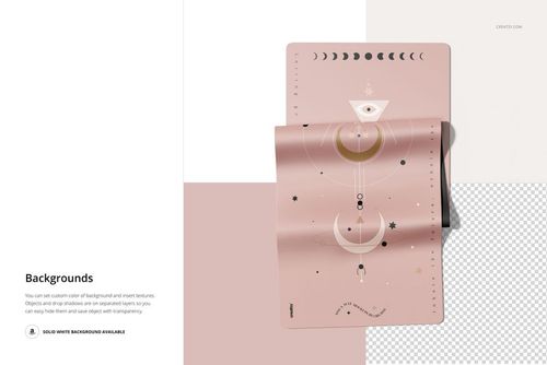 Top view of a pink PU leather yoga mat mockup featuring moon and star motifs, placed on a split background.