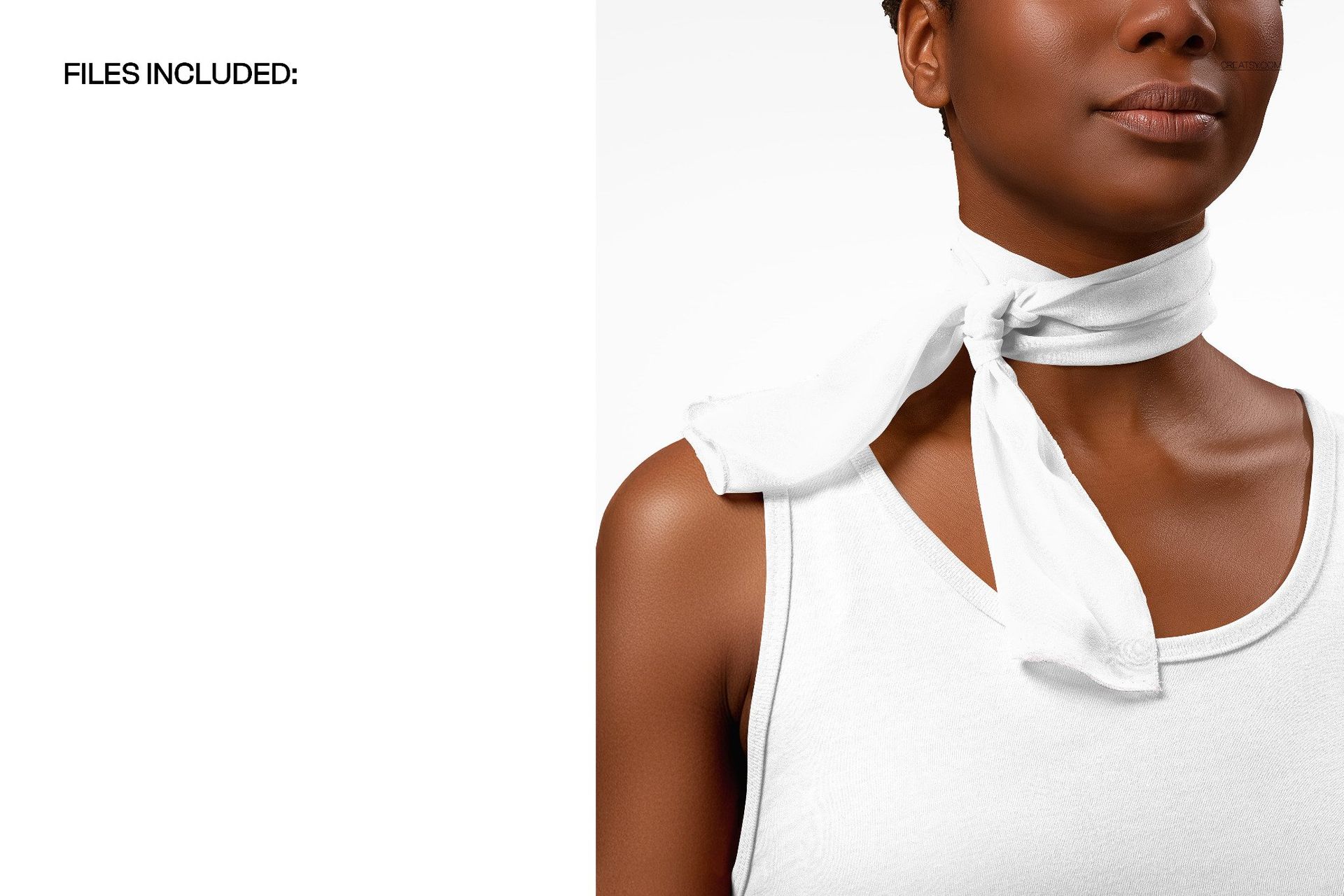 Close-up front view of a white chiffon silk neck scarf tied around a person's neck, shown on a PSD mockup.