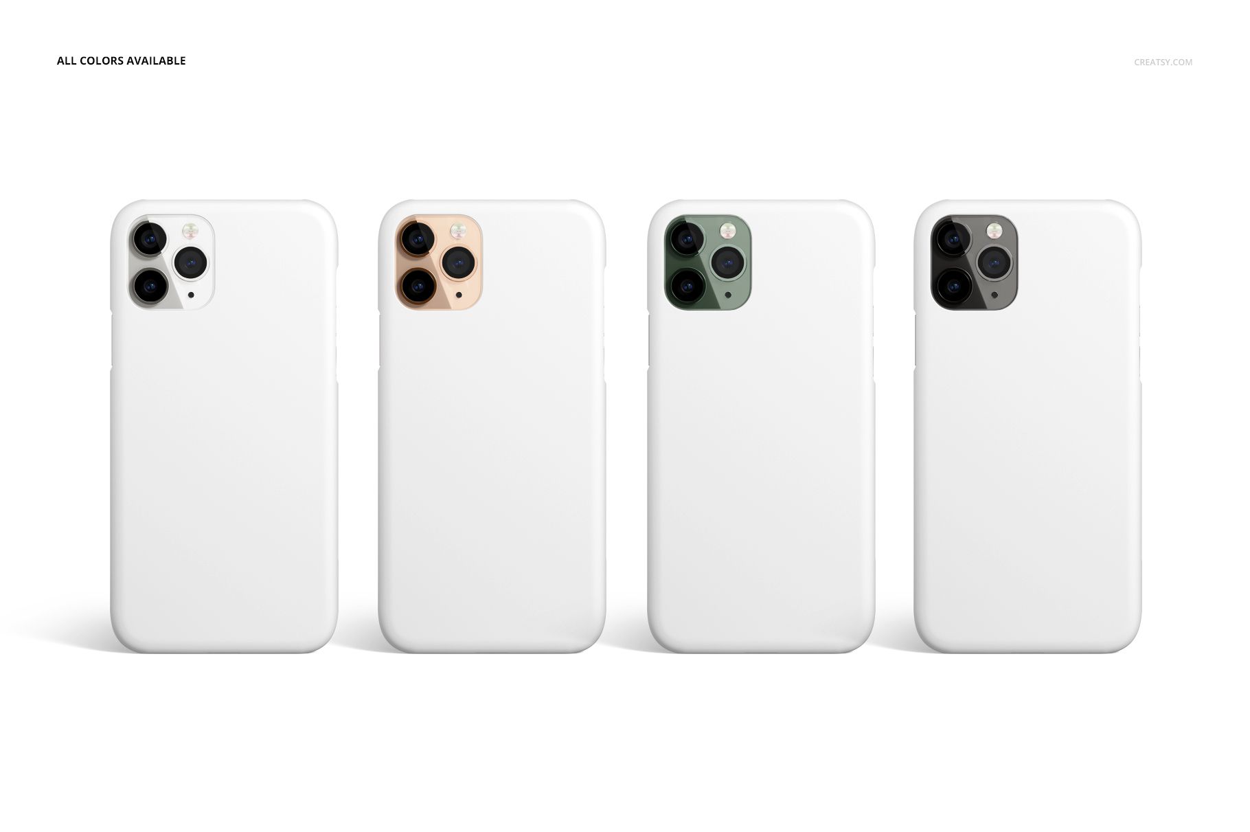 Set of four iPhone 11 Pro matte snap case mockups in white, shown from the back with different camera colors.