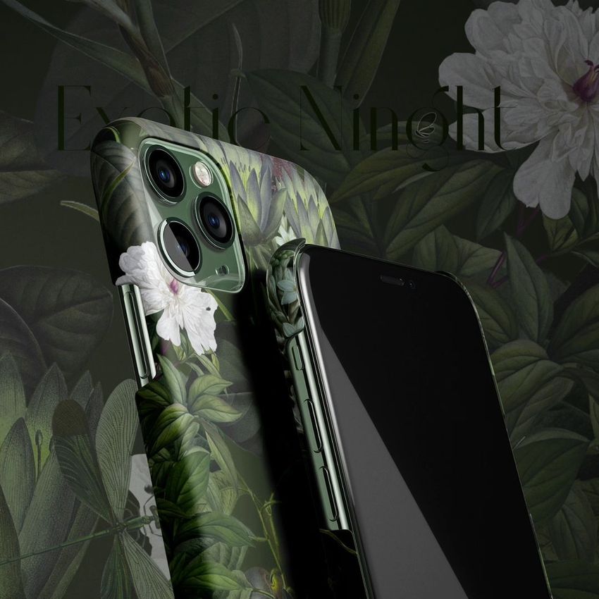 iPhone 11 Pro glossy snap case mockup featuring a tropical floral design with green leaves and white flowers on a dark background.
