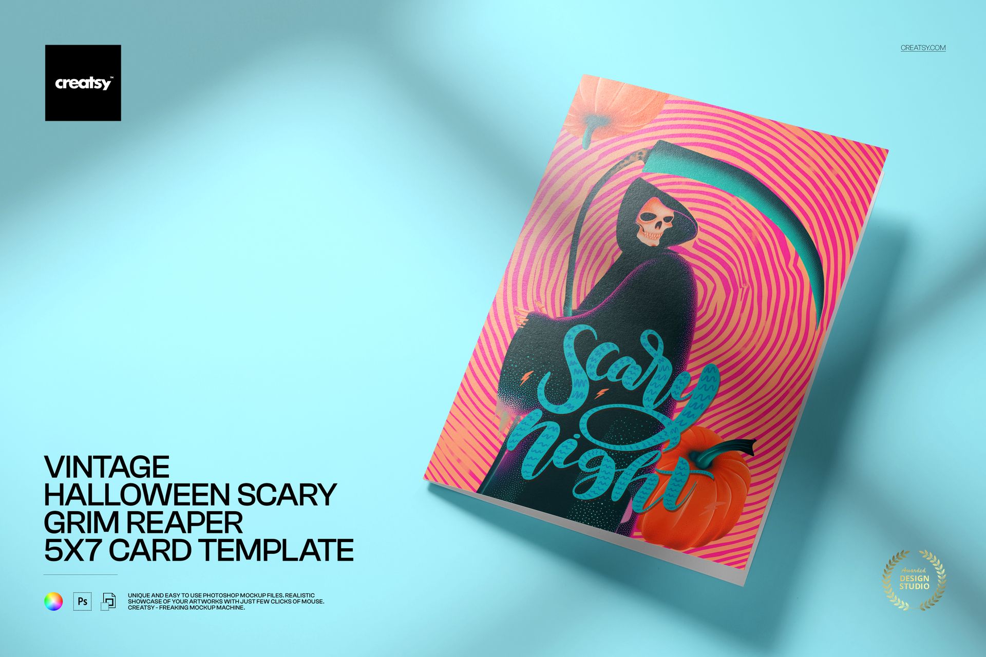 Mockup of a Halloween card template with a grim reaper, pumpkins, and vibrant pink and orange spiral design.