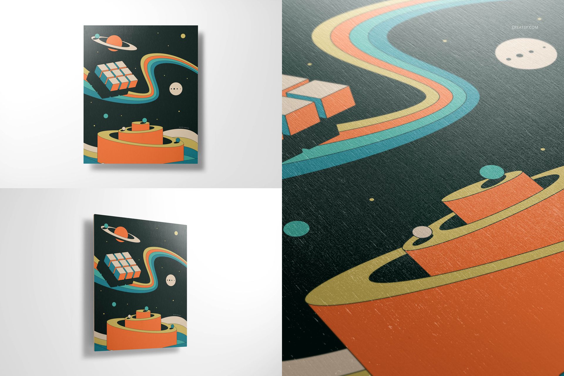Plywood wall art mockup displaying a colorful cosmic design with orange, teal, and cream accents, presented on a white background.
