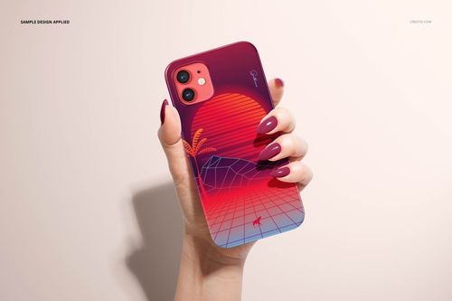 Glossy iPhone 12 snap case mockup with a colorful sunset and grid pattern, held by a hand with matching red nails.