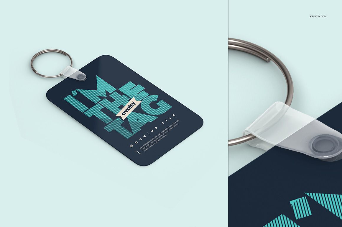 Rectangular keychain mockup with a metal ring and dark blue tag, shown from a top view on a light background.