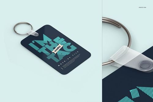 Rectangular keychain mockup with a metal ring and dark blue tag, shown from a top view on a light background.