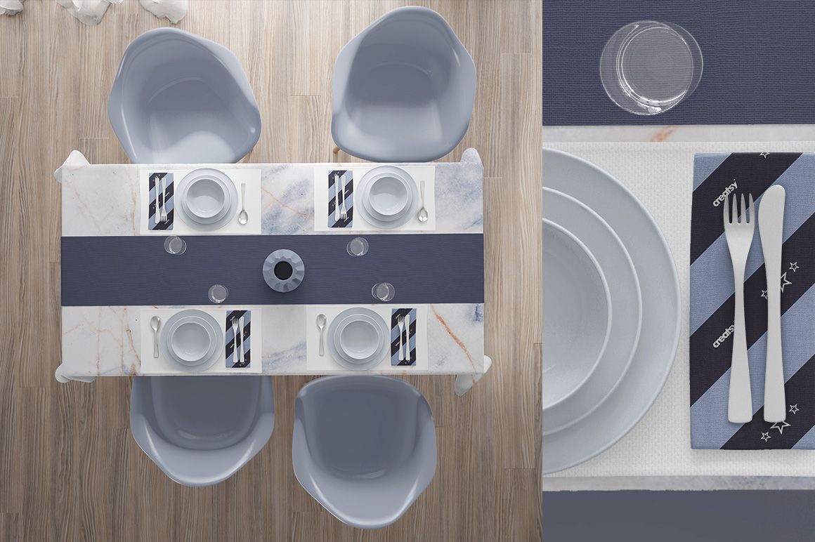 Table textiles mockup showing blue and white runner and napkins, set with plates, glasses, and cutlery from above.