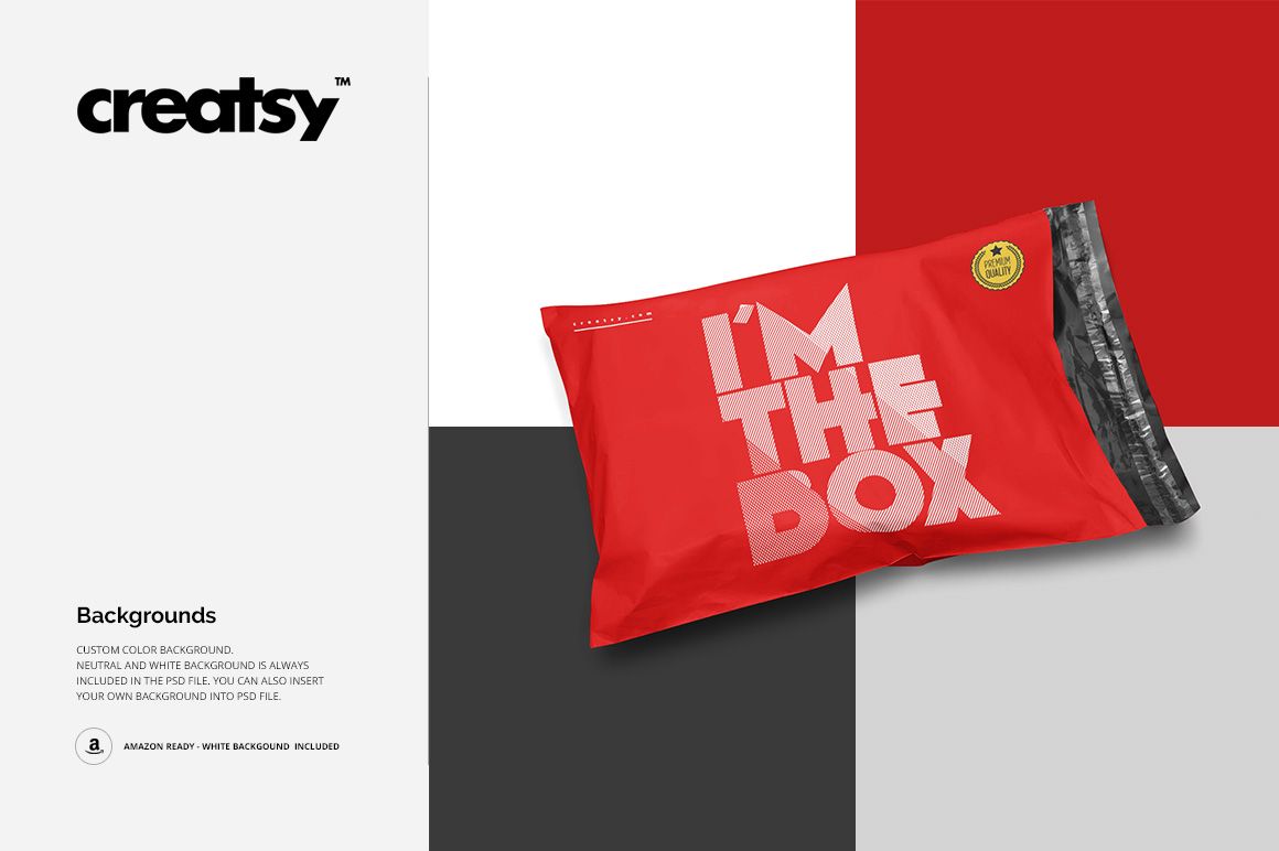 PSD mockup of a rectangular mailing bag in bright red with white lettering, displayed on a multi-colored surface.