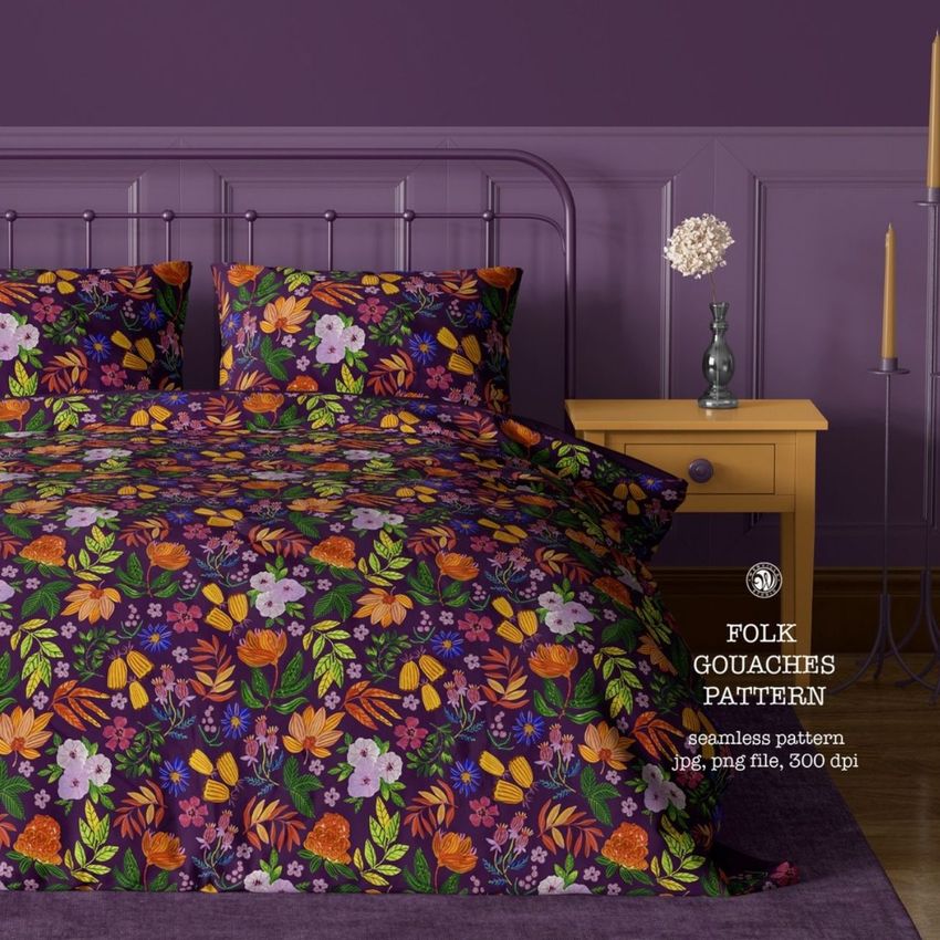 Vintage bedroom bedding mockup featuring a floral patterned duvet and pillows on a purple bed with a yellow nightstand.