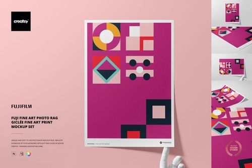 Front view of a Fuji Fine Art Photo Rag print mockup featuring bold geometric shapes in vibrant colors, displayed upright.