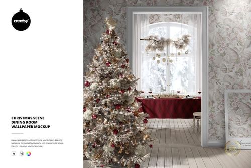 PSD mockup showing a holiday-themed dining space with a Christmas tree, seasonal wallpaper, and a window-side table.