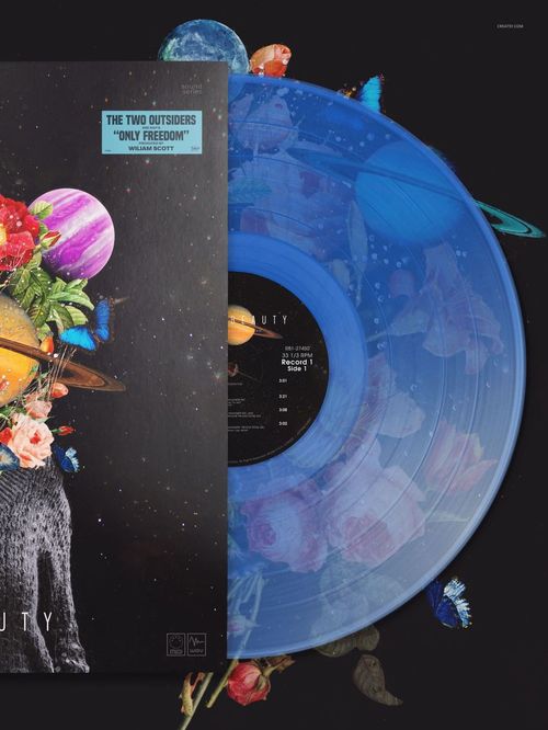 Top view of a translucent colored vinyl record mockup with blue tones, overlapping a vibrant illustrated cover.