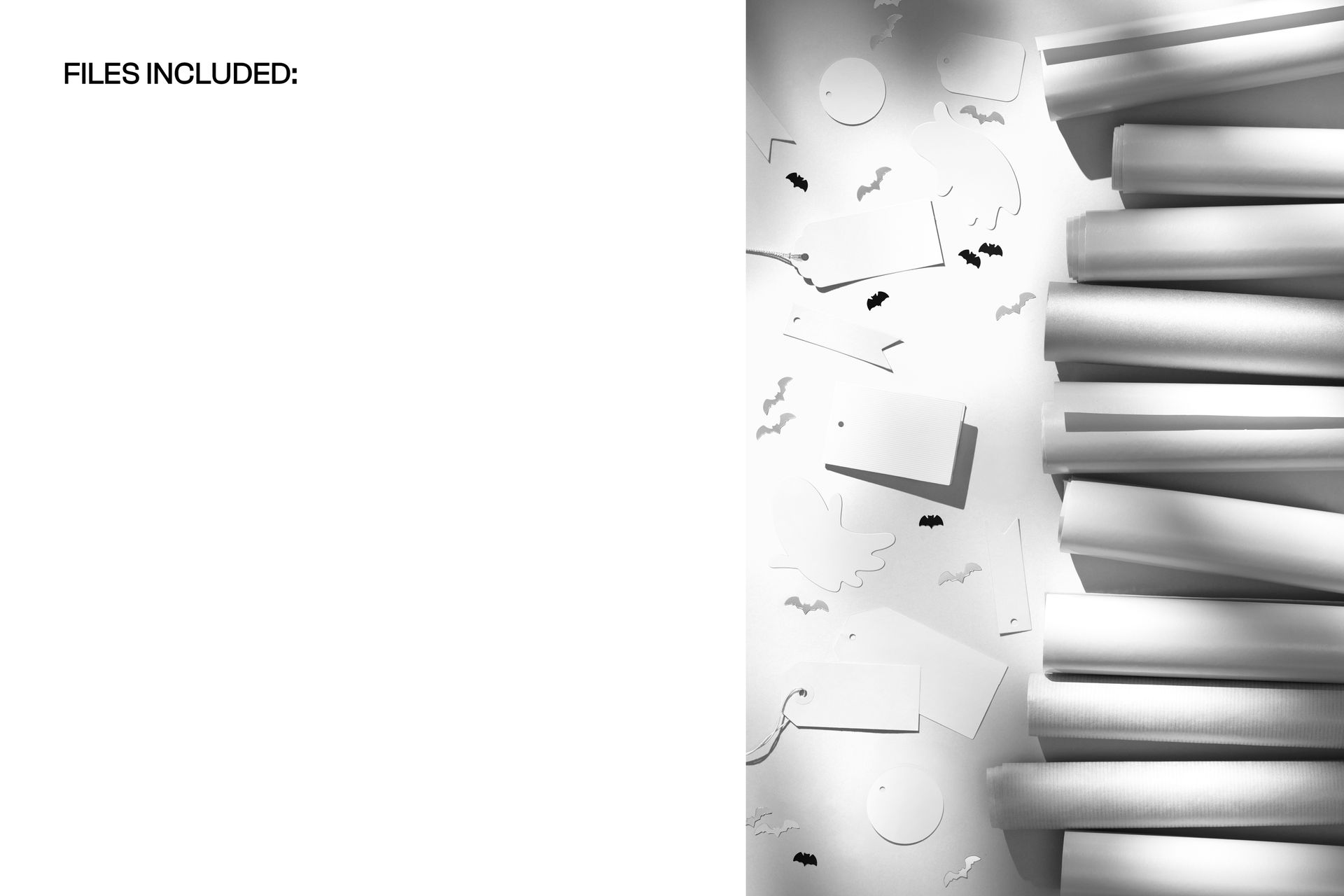 Halloween PSD mockup featuring wrapping paper rolls, blank gift tags, and scattered bat and spider decorations on a light background.