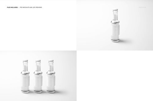 Single and grouped glass bottles with white label mockups, displayed on a clean, light background for design presentation.
