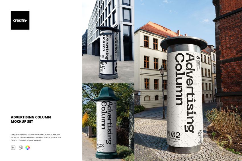 Advertising column PSD mockup set featuring cylindrical columns with large posters in city street environments.