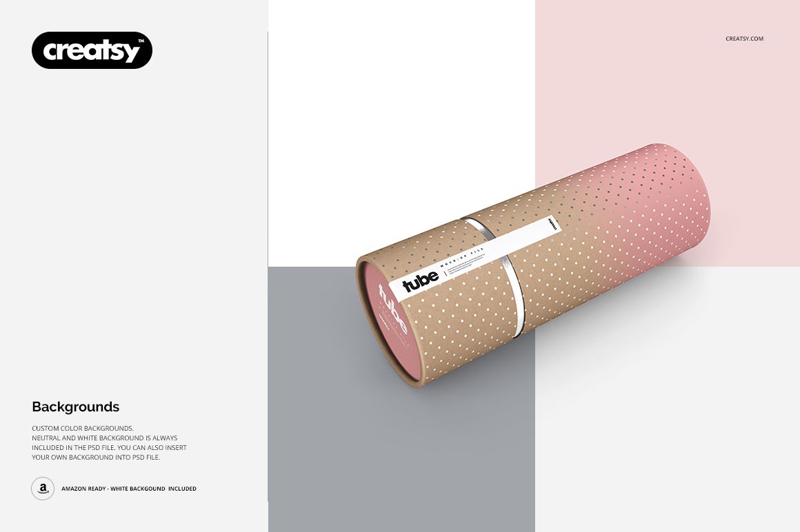 Paper tube packaging mockup with a pink and beige dotted pattern, shown in a front angled view on a split color background.