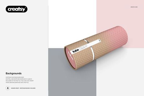 Paper tube packaging mockup with a pink and beige dotted pattern, shown in a front angled view on a split color background.
