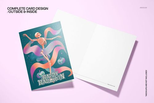 Halloween 5x7 card mockup featuring a vintage skeleton dance illustration, pastel colors, and blank inside pages.