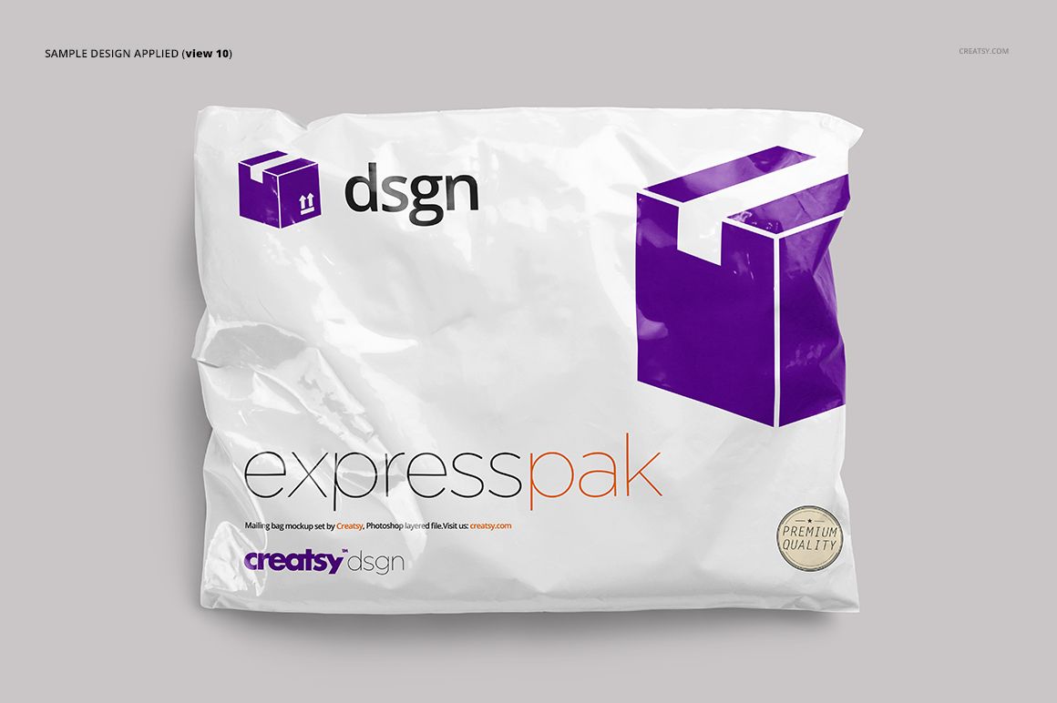 White mailing bag mockup featuring purple graphics and black expresspak lettering, displayed on a neutral surface.