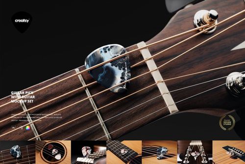 PSD mockup showing a detailed guitar pick positioned on the strings near the tuning pegs of a classic wooden guitar.