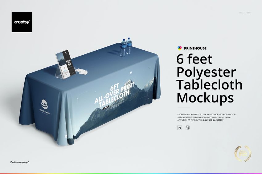 Front view of a 6ft polyester tablecloth mockup with a blue mountain landscape design, displayed on a rectangular table.
