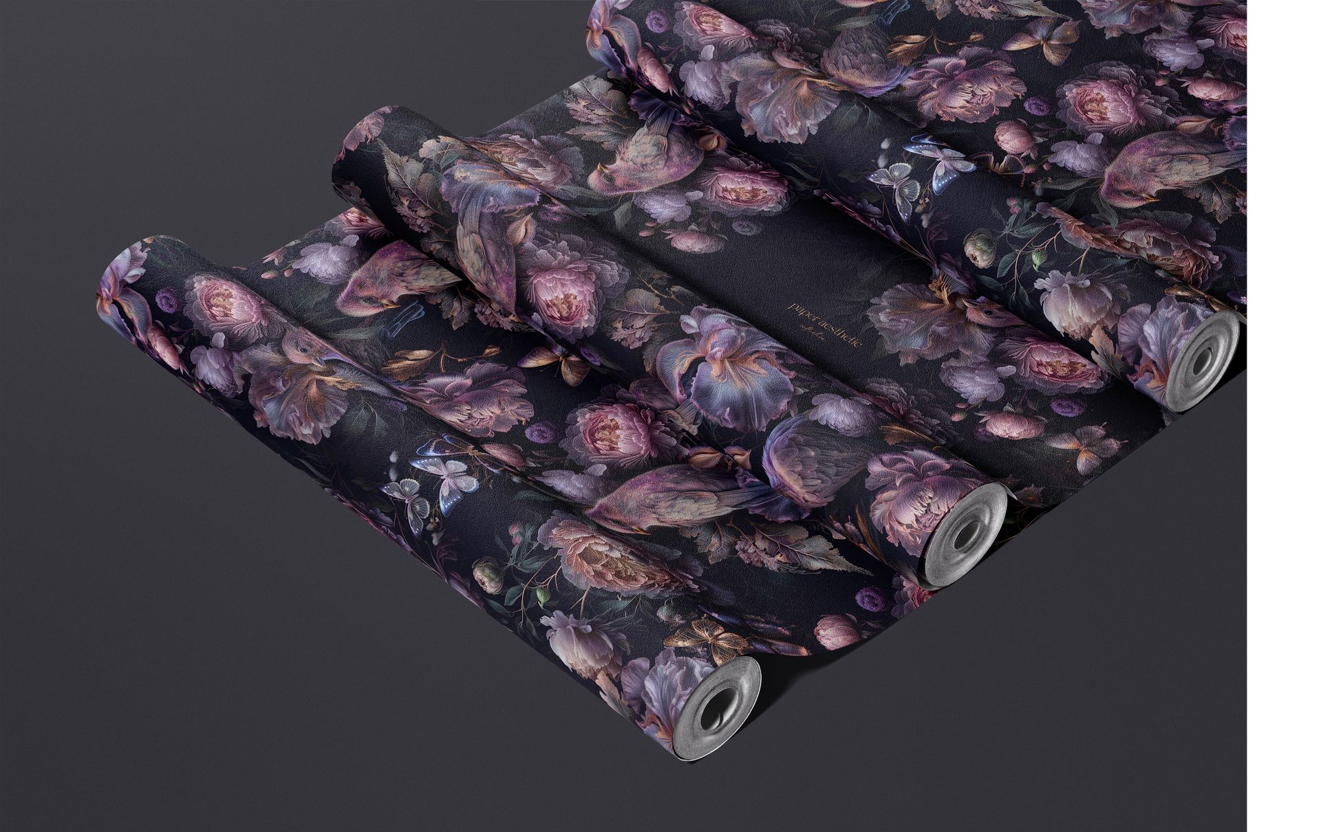 Mockup of non-woven vinyl wallpaper rolls with intricate floral patterns, displayed on a neutral gray backdrop.