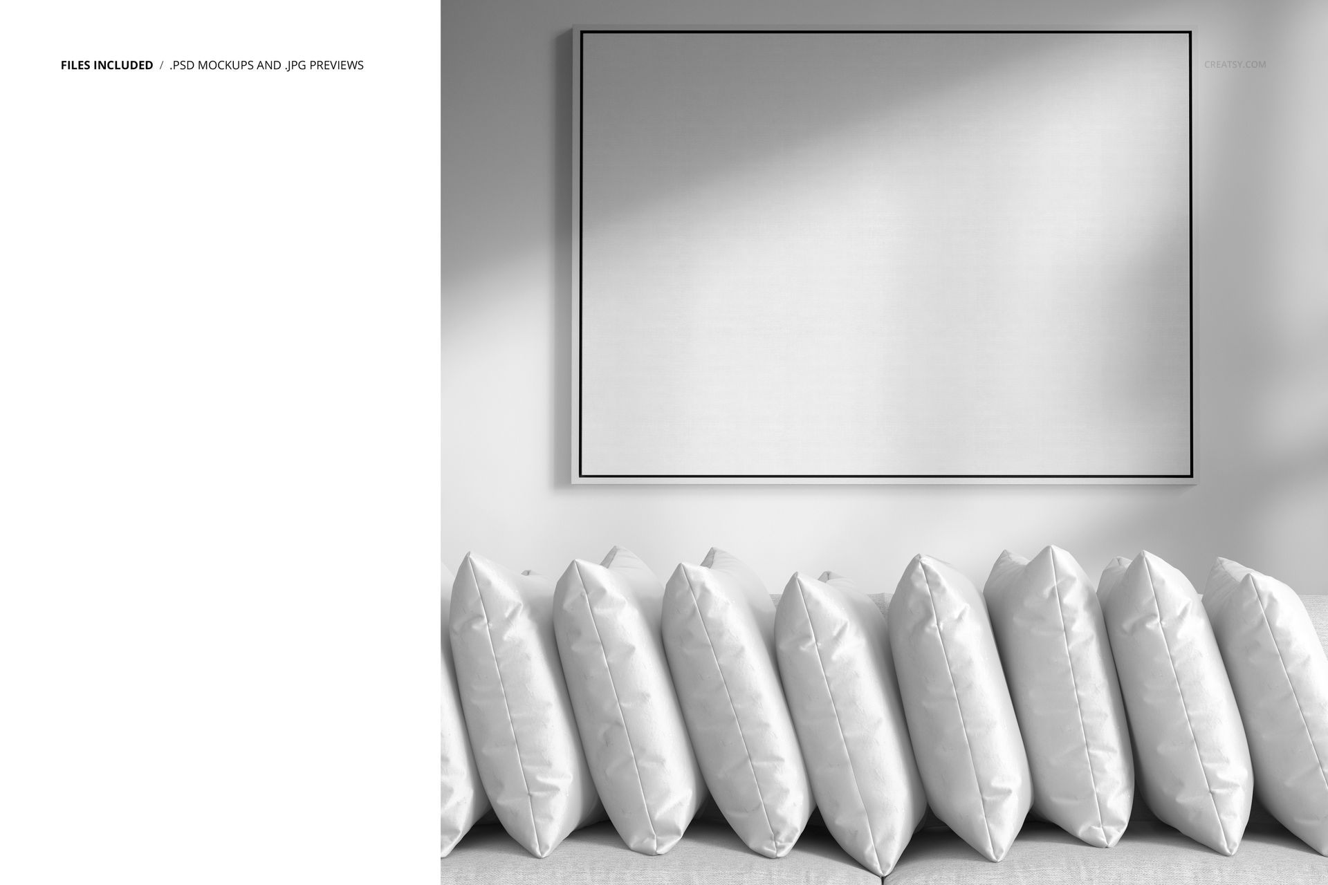 Mockup showing several white velvet pillows in a neat row on a sofa, with a large empty canvas above them.