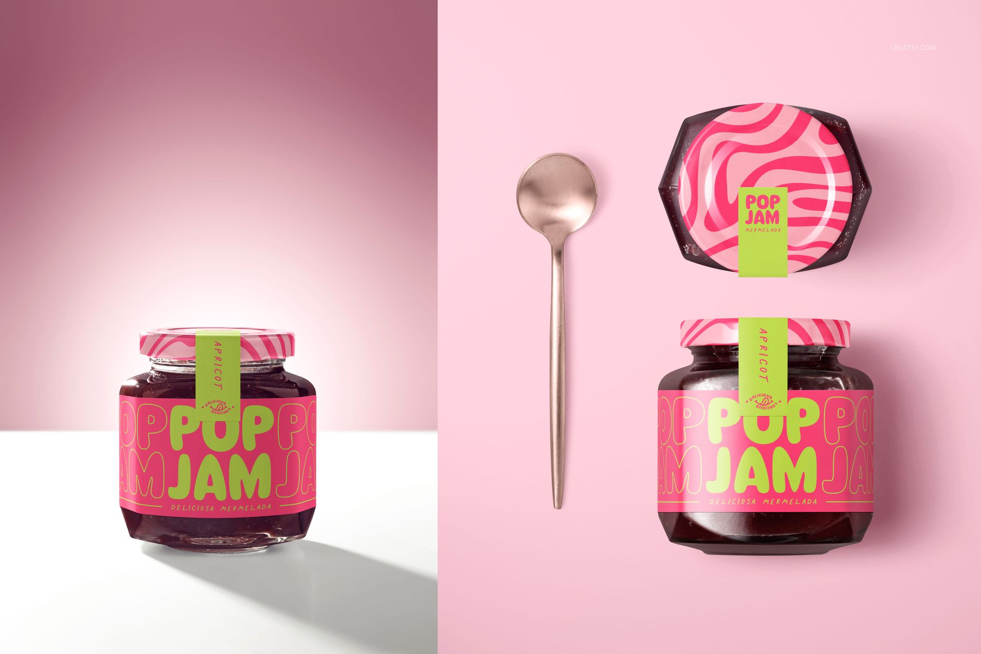 PSD mockup of a blackberry jam jar featuring a bold pink and green design, displayed next to a spoon on a split pink surface.