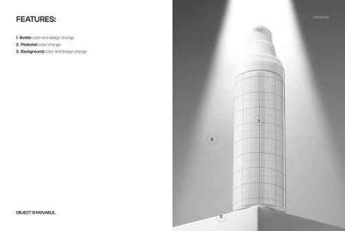 Front view of a cosmetics foam pump bottle mockup with a grid pattern, standing on a pedestal in a minimal scene.