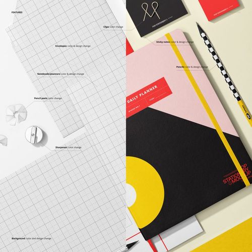 Flat lay of a stationery mockup set with grid-patterned paper, colorful planner, notebooks, envelopes, and desk accessories.