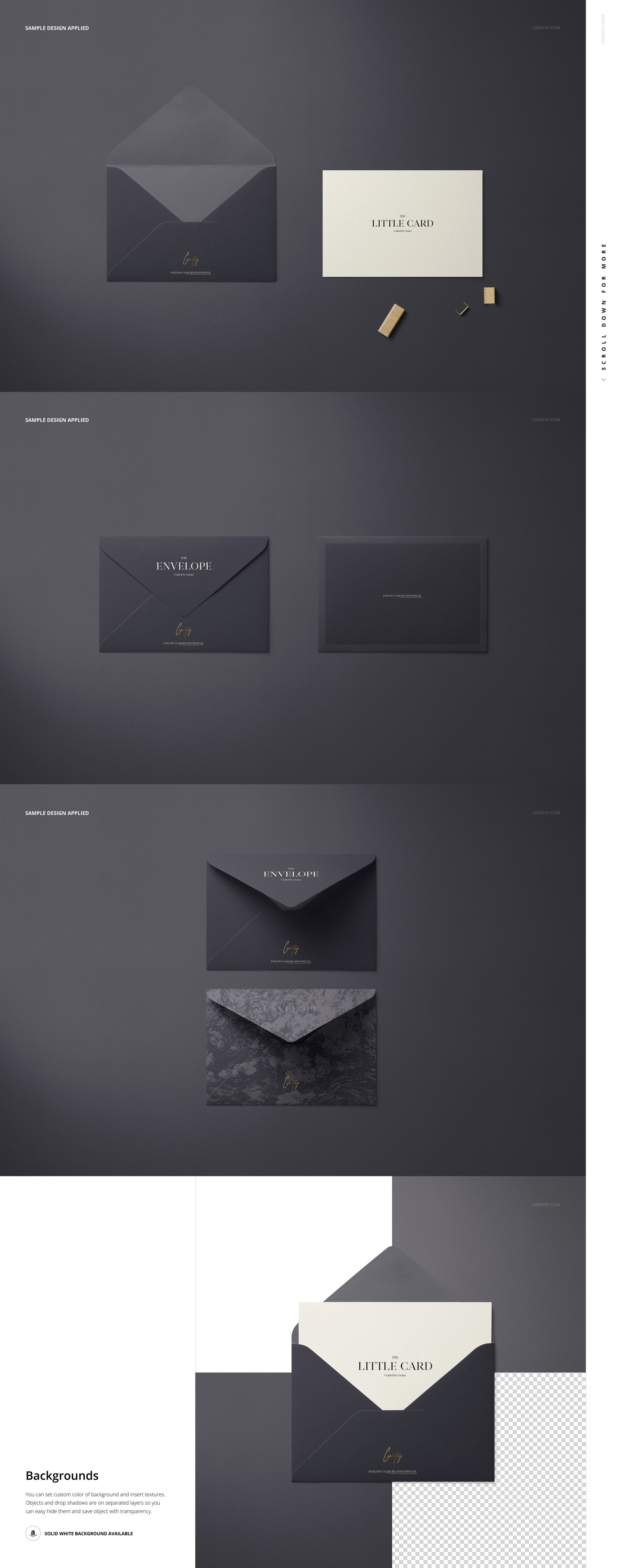 Stationery mockup featuring envelopes and cards in dark and light colors, displayed on a neutral gray background.