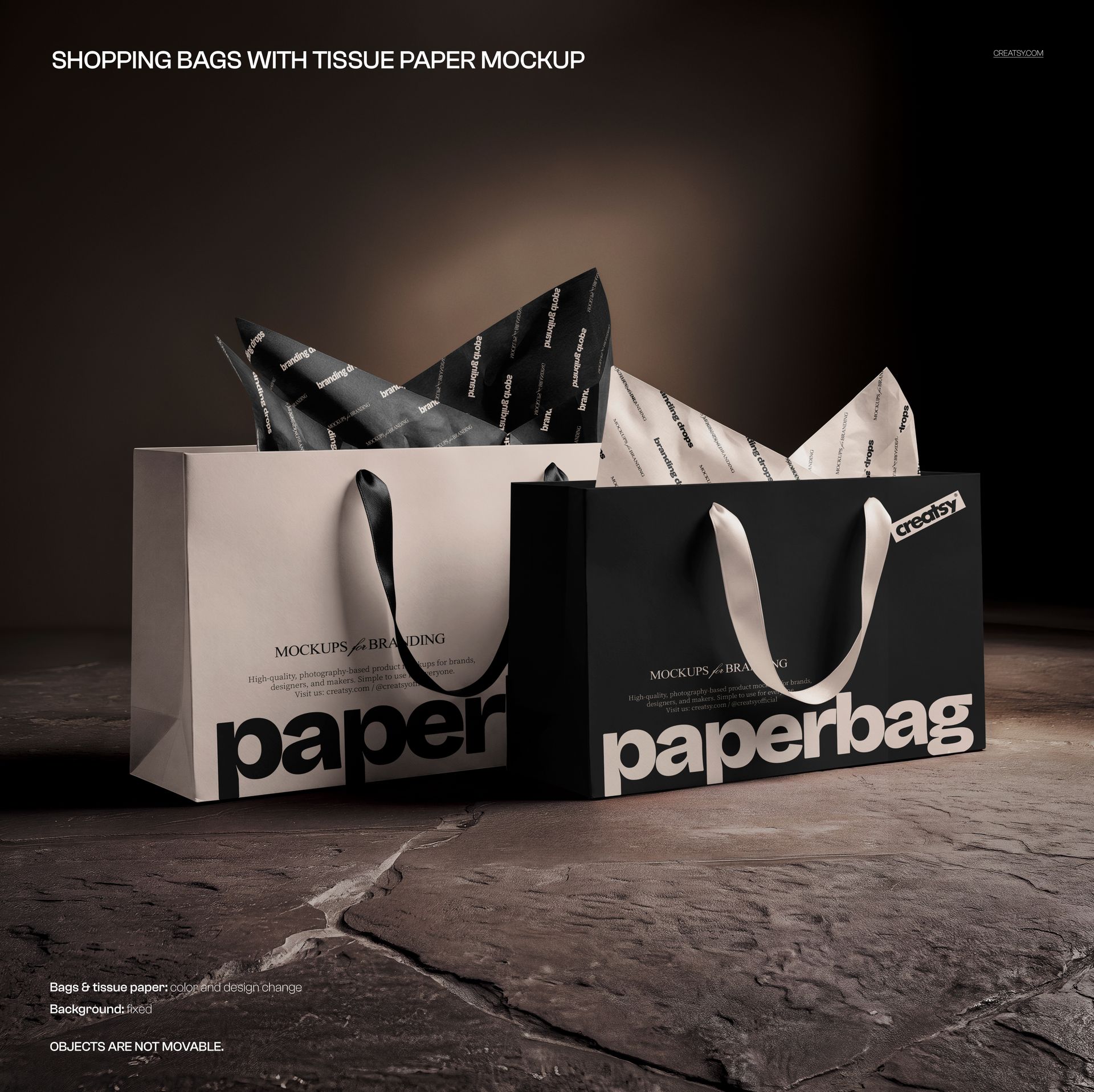 Two paper shopping bags with bold text and tissue paper, shown side by side in a realistic PSD mockup scene.