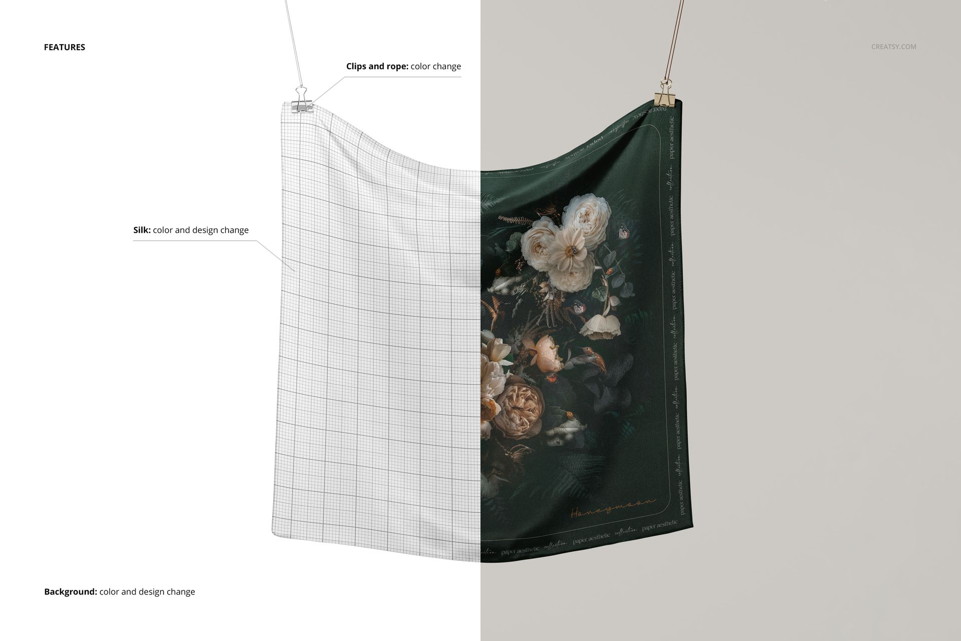 53x53cm silk fabric mockup shown from the front, half with editable grid and half with dark floral print, suspended by ropes.