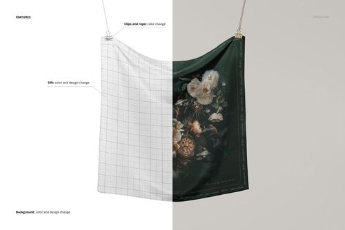 53x53cm silk fabric mockup shown from the front, half with editable grid and half with dark floral print, suspended by ropes.